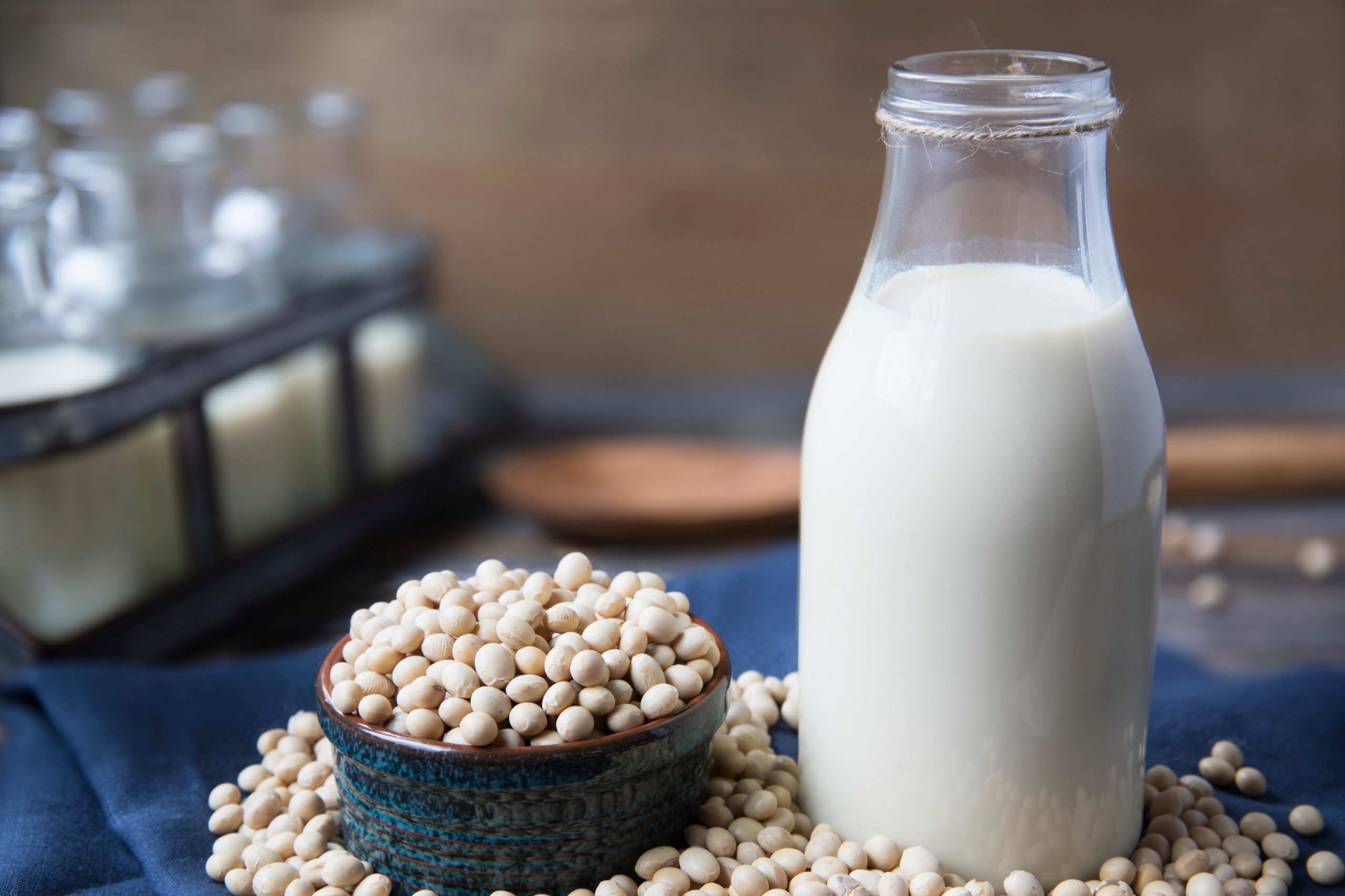 Homemade soy milk in glass bottle with soybeans in bowl