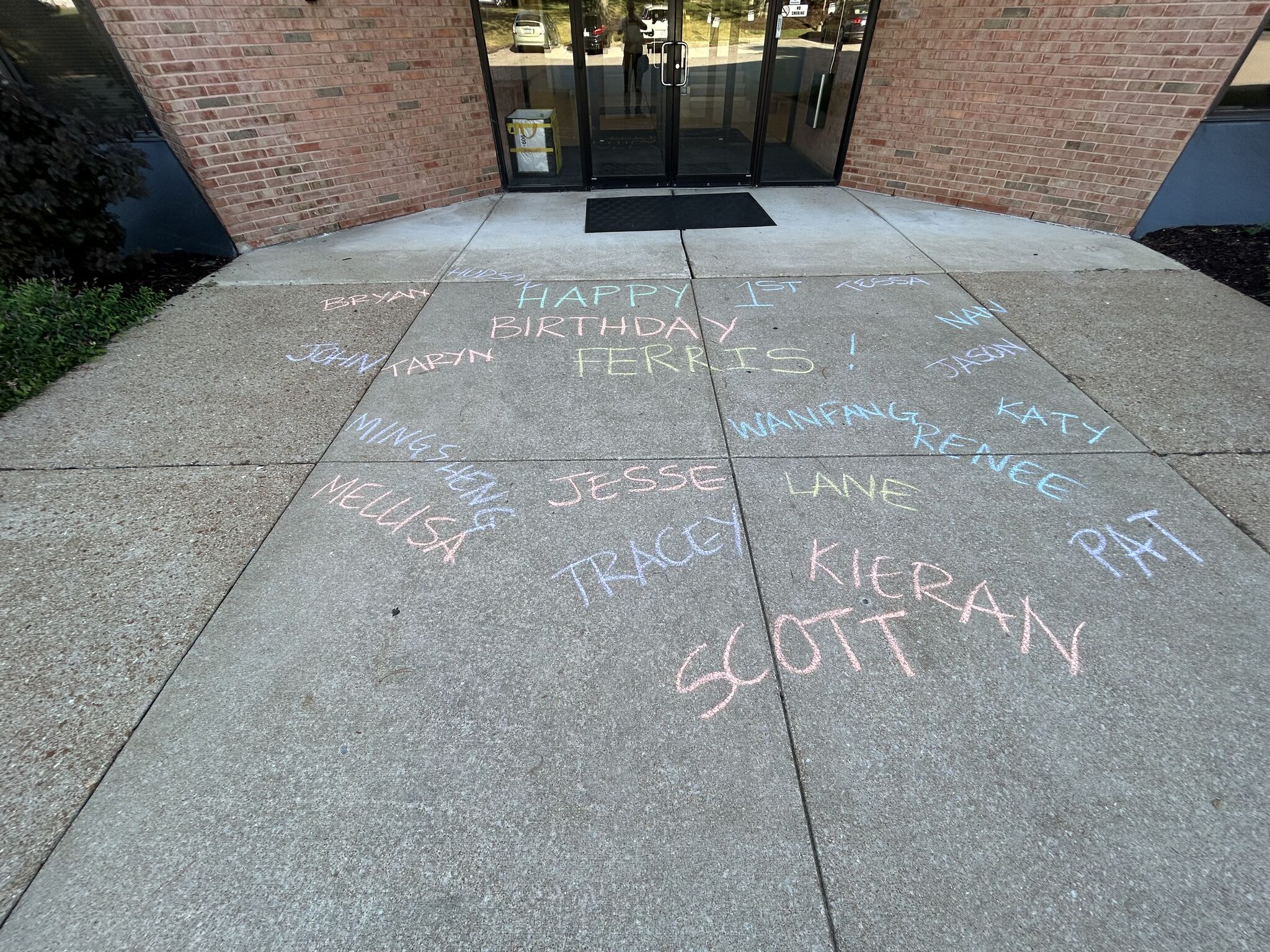 Path with chalk with names and Happy Birthday Ferris written out